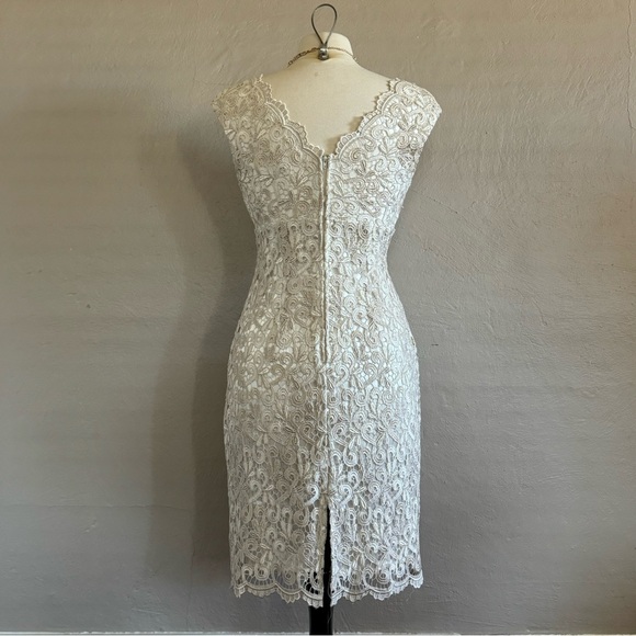 🕊️ Marina Ivory/ Gold Embroidered Lace Overlay Sheath Cocktail Dress — size 8 - Picture 3 of 11